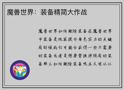 魔兽世界：装备精简大作战